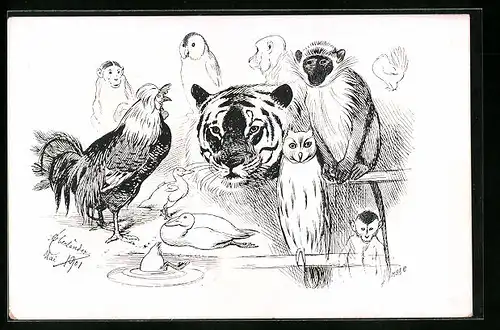 Künstler-AK Uhu auf einer Stange mit Hahn, Tiger, Affen, Enten