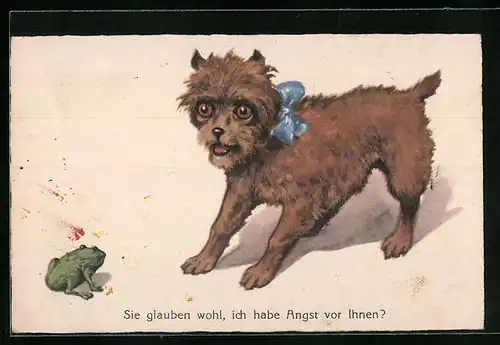 Künstler-AK Kleiner Hund mit mutigem Frosch