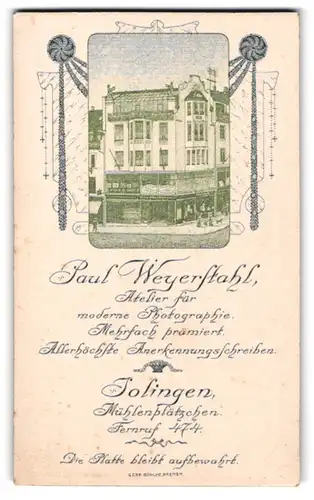 Fotografie Paul Weyerstahl, Solingen, Mühlenplätzchen, Ansicht Solingen, Eckhaus des Fotografischen Ateliers
