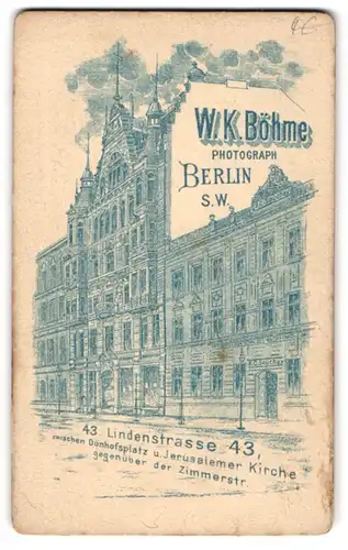Fotografie W. K. Böhme, Berlin, Lindenstr. 43, Ansicht Berlin, Strassenpartie mit dem Ateliersgebäude