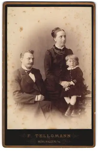 Fotografie F. Tellgmann, Mühlhausen i. Th., junge Eltern in feiner Kleidung mit ihrer Tochter im Samtkleid, Mutterglück