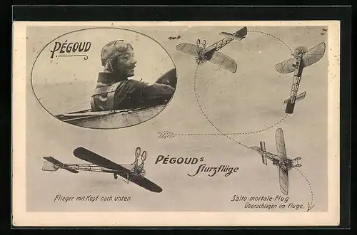 AK Französischer Flugpionier Pégoud, Flugzeug mit Kopf nach unten, Salto-mortale-Flug