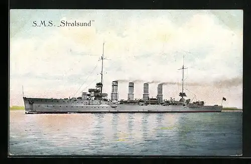 AK Kriegsschiff SMS Stralsund auf Backbord