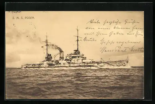 AK Kriegsschiff SMS Posen sticht in See