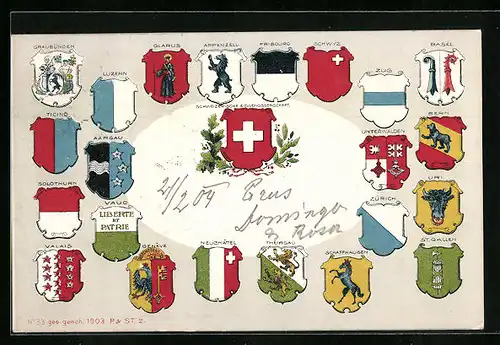 Künstler-AK Zürich, Wappen von Zug, Basel und Bern