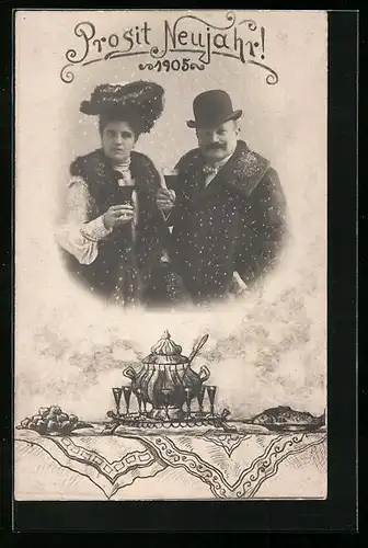Foto-AK Ehepaar mit Neujahrspunsch, Passepartout mit Punschschale, 1905