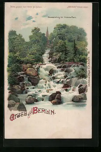 Lithographie Berlin, Wassersturz im Victoria-Park, Halt gegen das Licht