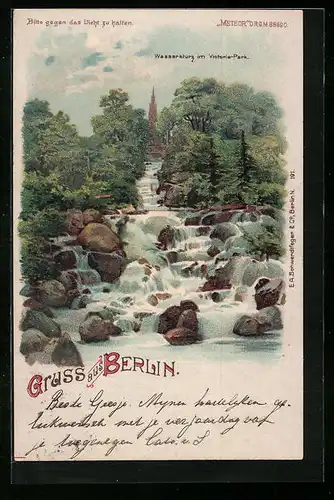 Lithographie Berlin, Wassersturz im Victoria-Park, Halt gegen das Licht