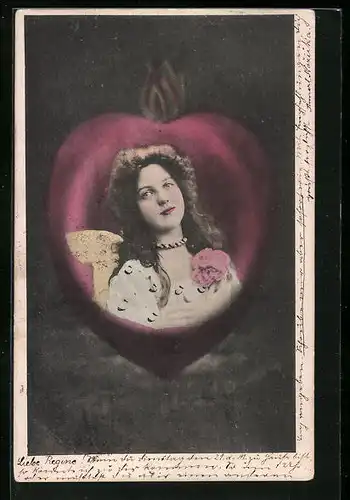 AK Junge Frau in einem fliegenden Herz