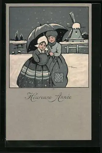 Künstler-AK Ethel Parkinson: Mädchen in Tracht mit Schirm vor Windmühle im Schnee - Neujahrsgruss