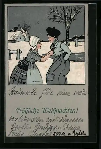 Künstler-AK Ethel Parkinson: Holländisches Trachtenpaar im Schnee am Ortsrand - Weihnachtsgruss