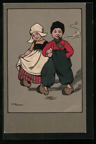 Künstler-AK Ethel Parkinson: Vergnügtes holländisches Trachtenpärchen in Klompen