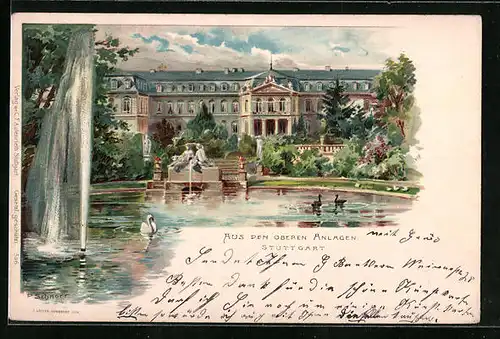 Künstler-AK Stuttgart, Aus den oberen Anlagen mit Fontäne und Schwan