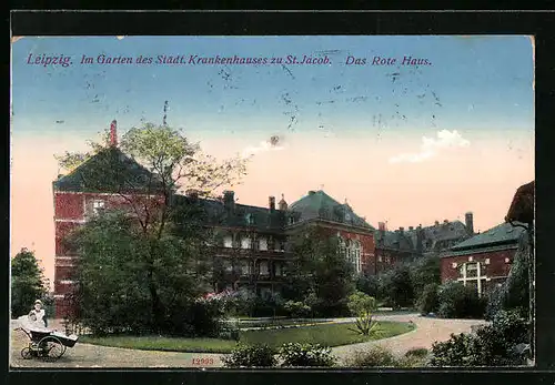 AK Leipzig, Im Garten des Städtischen Krankenhauses zu St. Jacob, Das Rote Haus