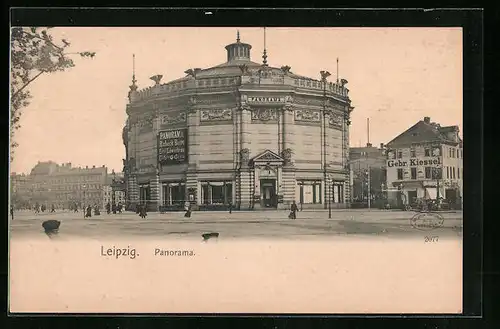 AK Leipzig, Rundbau Restaurant Panorama und Geschäft der Gebr. Kiessel