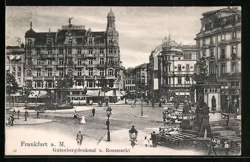 AK Frankfurt a. M., Rossmarkt mit Geschäften und Gutenbergdenkmal, Strassenbahn