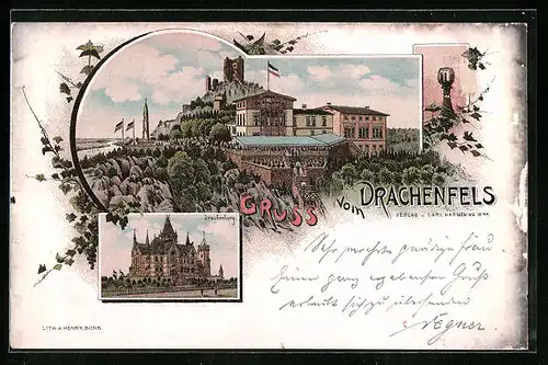 Lithographie Drachenfels, Hotel Drachenfels, Drachenburg