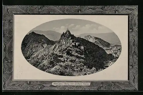 Präge-AK Altenahr, Burg mit weissem Kreuz im Passepartoutrahmen