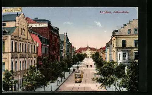 AK Landau, Strassenbahn auf der Ostbahnstrasse