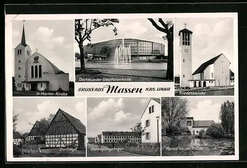AK Massen /Krs. Unna, Durchgangslager, Mühle, Friedenskirche