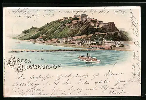 Lithographie Ehrenbreitstein, Blick auf die Burg, Flusspartie mit Dampfer