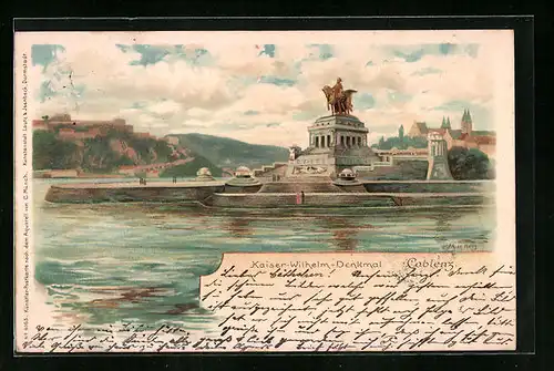 Lithographie Coblenz, Blick auf das Kaiser-Wilhelm-Denkmal