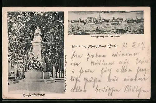 AK Philippsburg i. Bad., Ortsansicht von vor 200 Jahren, Kriegerdenkmal