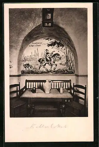 AK Soest, Restaurant v. C. Topp, Wandgemälde im Keller, Der Jäger von Soest, Simplicissimus