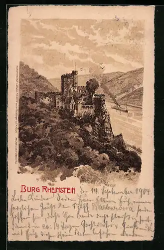 AK Trechtingshausen, Burg Rheinstein mit Dampfschiff