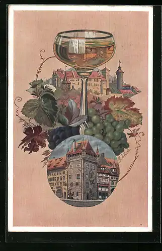 AK Nürnberg, Althistorisches Weinrestaurant Nassauer Keller mit Weinglas und Trauben