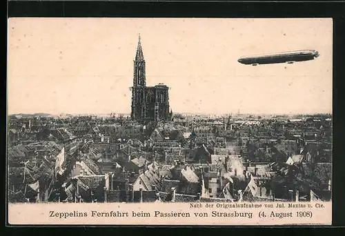 AK Strassburg, Zeppelins Fernfahrt beim Passieren von Strassburg 1908