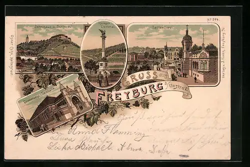 Lithographie Freyburg a. Unstrut, Sektkellerei, Kriegerdenkmal, Erinnerungs-Turnhalle