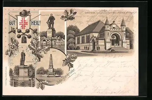 Lithographie Freyburg a. Unstrut, Jahns Grab, Erinnerungs-Turnhalle und Museum, Schönlanke Denkmal