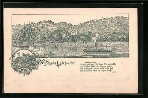 Vorläufer-Lithographie Dresden-Loschwitz, 1894, Restaurant auf dem Burgberg, Panorama mit Elbbrücke