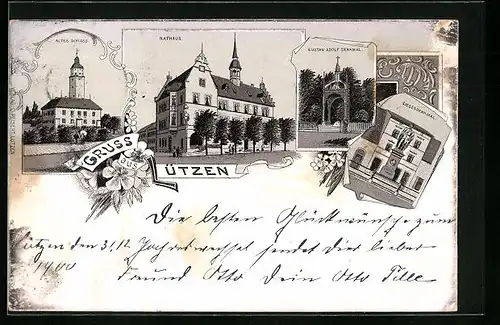 Lithographie Lützen, Rathaus, Altes Schloss, Gustav Adolf-Denkmal
