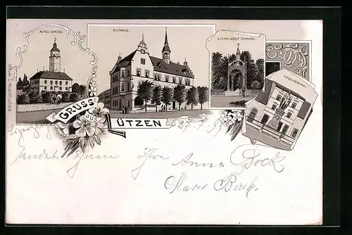 Lithographie Lützen, Rathaus, Altes Schloss, Gustav Adolf-Denkmal, Siegesdenkmal