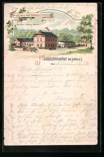 Lithographie Halle /Saale, Gasthaus Haideschlösschen von Franz Weise