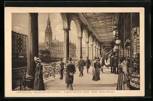 AK Hamburg, Alsterarkaden mit Durchblick auf das Rathaus