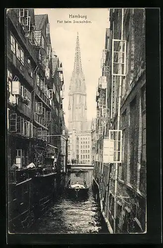 AK Alt-Hamburg, Fleet beim Steckelhörn mit Kirche und Boot