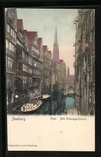 AK Hamburg, Fleet alte Gröningerstrasse mit Kirche und Booten