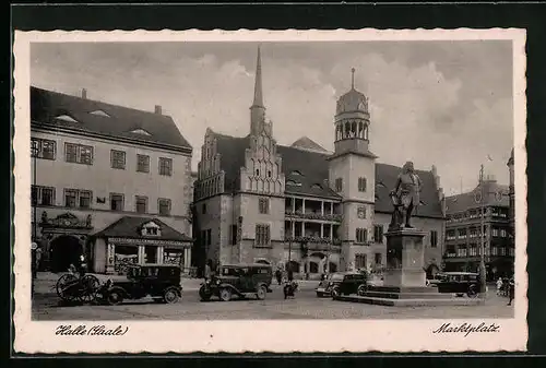 AK Halle /Saale, Marktplatz mit Denkmal