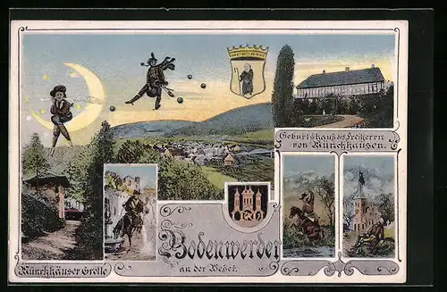 Künstler-AK Bodenwerder /Weser, Münchhäuser Grotte, Wappen, Münchhausen auf Kanonenkugel