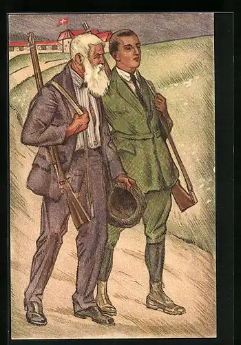 Künstler-AK Zwei Schützen auf den Feldwegen