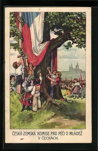 AK Kinder feiern mit Kränzen am Baum, Kinderfürsorge