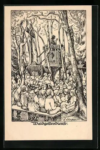 Künstler-AK Waldgottesdienst, Kinder und Mütter versammeln sich für den Gottesdienst, Kinderfürsorge