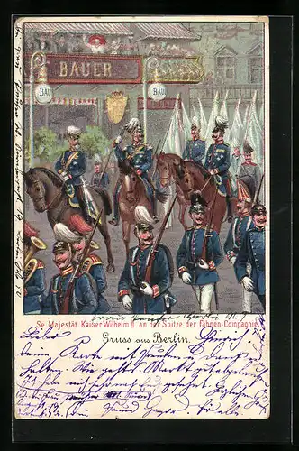 Lithographie Berlin, Se. Majestät Kaiser Wilhelm II. an der Spitze der Fahnen Compagnie