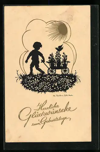 Künstler-AK Marta Sachse-Schubert: Geburtstagswünsche, Kind mit Bollerwagen, Scherenschnitt