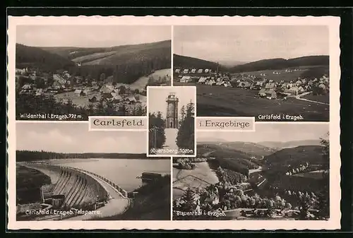 AK Carlsfeld i. Erzgeb., Talsperre, Turm auf dem Auersberg