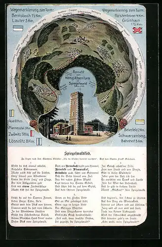 AK Grünhain-Baierfeld, König Albert-Turm im Spiegelwald, künstlerische Darstellung der Aussicht