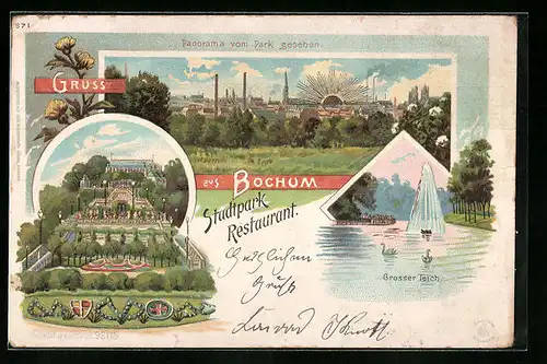 Lithographie Bochum, Stadtpark-Restaurant, Grosser Teich